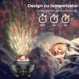 Lampă de veghe copii 4 în 1, proiector stele, 21 moduri, sunete, Bluetooth, USB, difuzor, telecomandă, temporizator, negru.