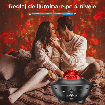 Lampă de veghe copii 4 în 1, proiector stele, 21 moduri, sunete, Bluetooth, USB, difuzor, telecomandă, temporizator, negru.
