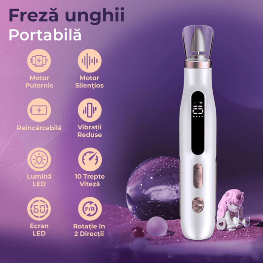 Freză unghii wireless, 10.000 RPM, 10 viteze, LED, alb
