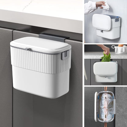 Coș de Gunoi cu Capac, 7L, Montare Autoadezivă sau cu Cârlig, pentru Ușa Dulapului sau Sub Chiuvetă, Alb