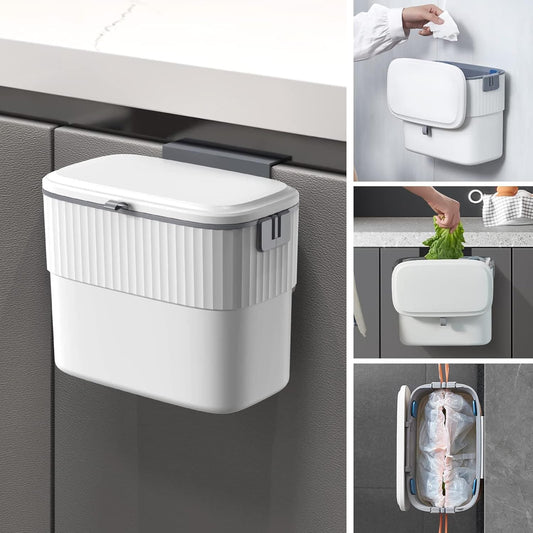 Coș de Gunoi cu Capac, 7L, Montare Autoadezivă sau cu Cârlig, pentru Ușa Dulapului sau Sub Chiuvetă, Alb