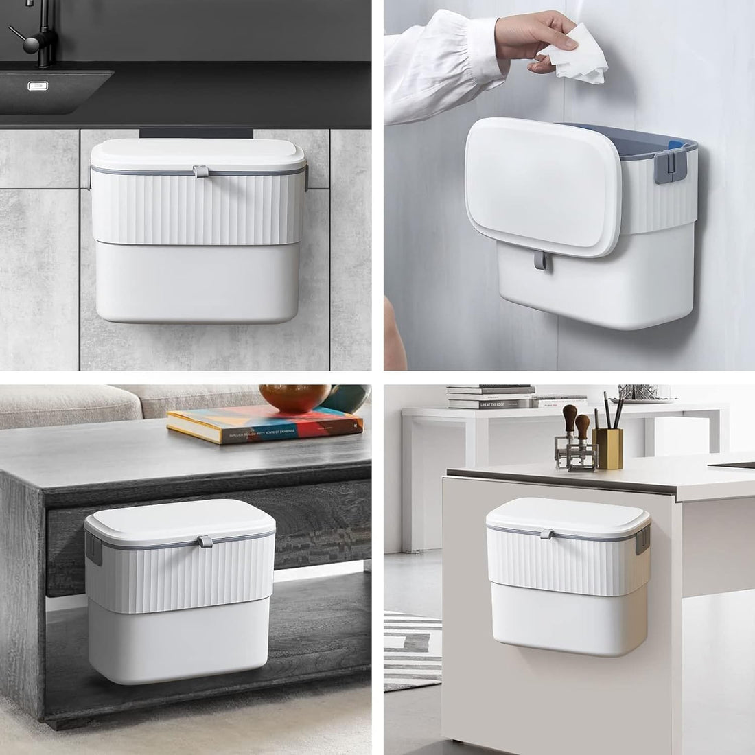 Coș de Gunoi cu Capac, 7L, Montare Autoadezivă sau cu Cârlig, pentru Ușa Dulapului sau Sub Chiuvetă, Alb