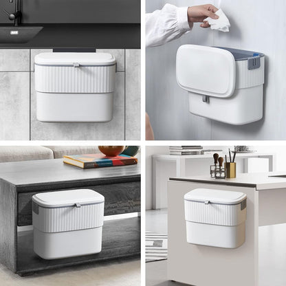 Coș de Gunoi cu Capac, 7L, Montare Autoadezivă sau cu Cârlig, pentru Ușa Dulapului sau Sub Chiuvetă, Alb