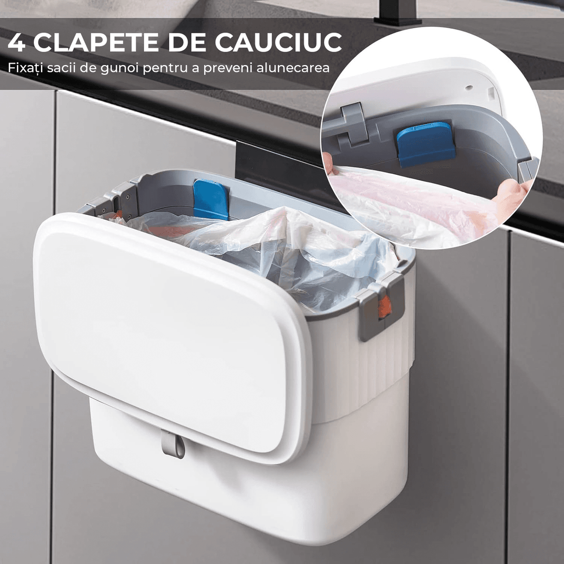 Coș de Gunoi cu Capac, 7L, Montare Autoadezivă sau cu Cârlig, pentru Ușa Dulapului sau Sub Chiuvetă, Alb