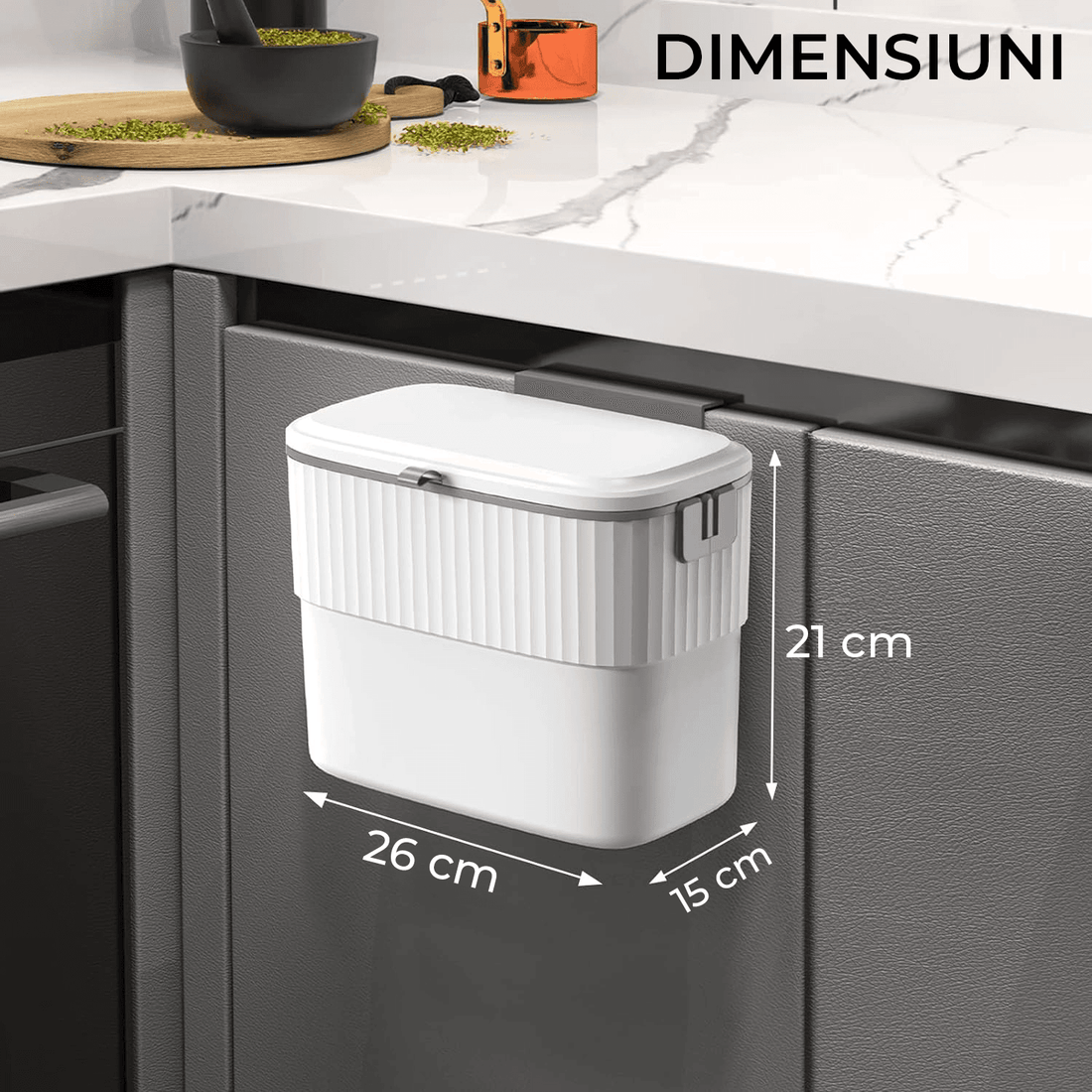 Coș de Gunoi cu Capac, 7L, Montare Autoadezivă sau cu Cârlig, pentru Ușa Dulapului sau Sub Chiuvetă, Alb
