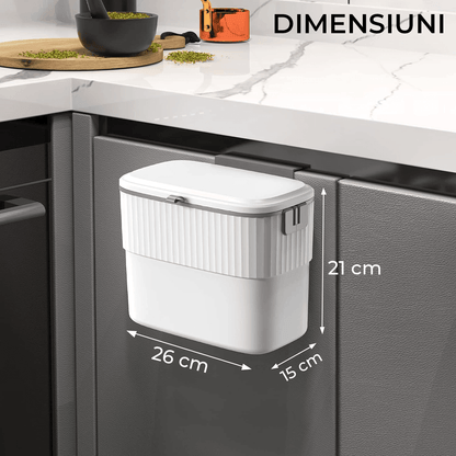 Coș de Gunoi cu Capac, 7L, Montare Autoadezivă sau cu Cârlig, pentru Ușa Dulapului sau Sub Chiuvetă, Alb