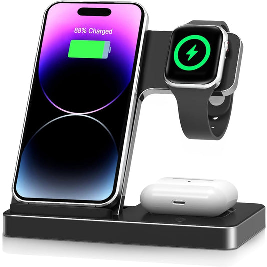 Încărcător Wireless Fast Charger 3 în 1 pentru iPhone, Pliabil, 15W, AirPods, Apple Watch, Negru
