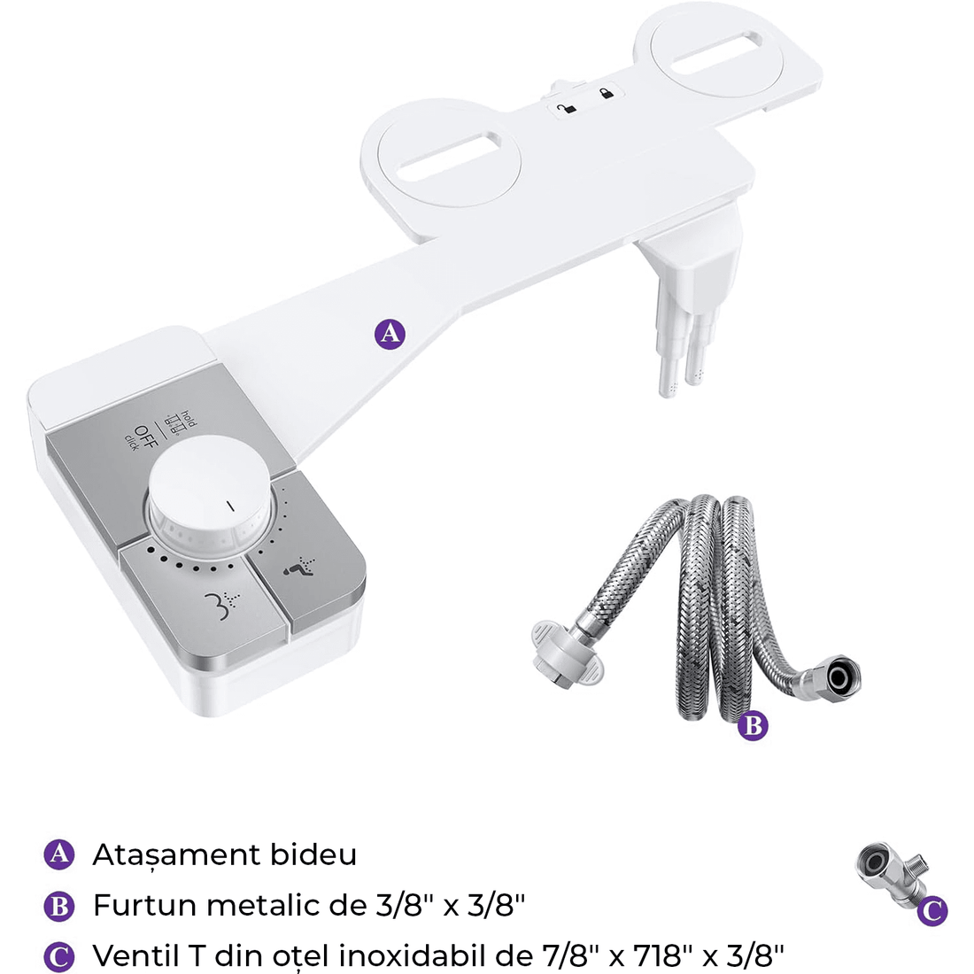 Bideu Retractabil pentru Toaletă cu Auto-Curățare, Control de Presiune, Duze Duble, Apă Rece, Argintiu