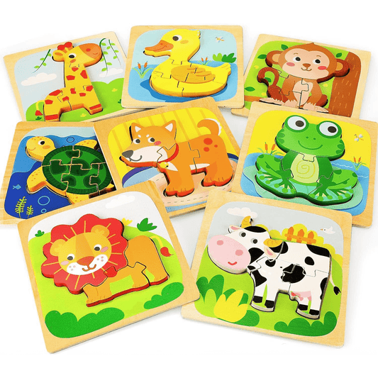 Set puzzle interactiv pentru copii 1-3 ani, 8 modele educaționale din lemn, animale multicolore: Rățușcă, Țestoasă, Câine, Maimuță, Leu, Giraffă, Văcuță, Broască