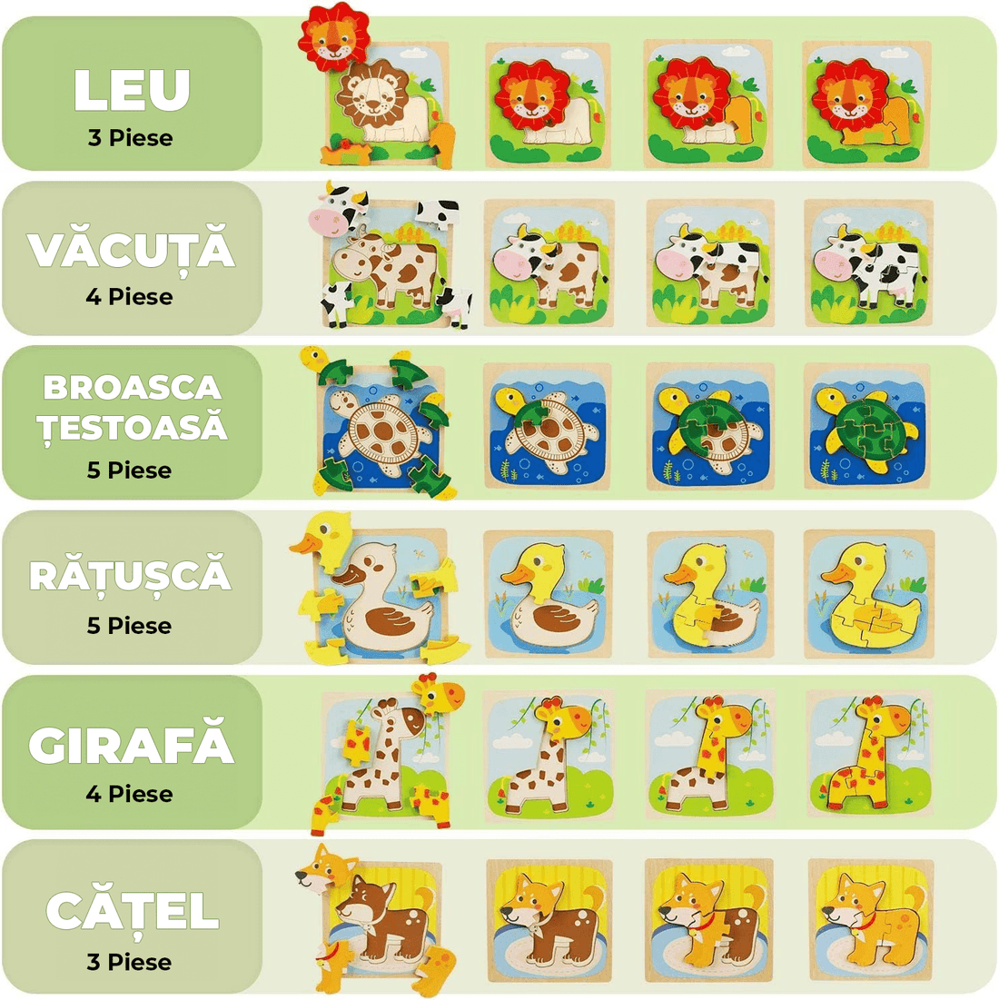 Set puzzle interactiv pentru copii 1-3 ani, 8 modele educaționale din lemn, animale multicolore: Rățușcă, Țestoasă, Câine, Maimuță, Leu, Giraffă, Văcuță, Broască