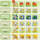Set puzzle interactiv pentru copii 1-3 ani, 8 modele educaționale din lemn, animale multicolore: Rățușcă, Țestoasă, Câine, Maimuță, Leu, Giraffă, Văcuță, Broască