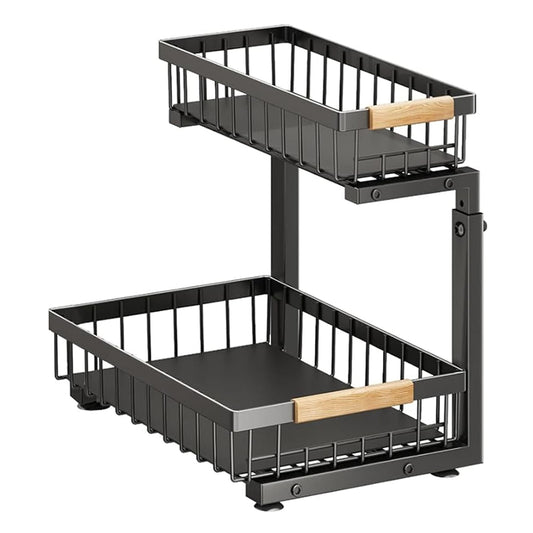 Organizator pentru Dulap Sub Chiuvetă, 2 Nivele, Metalice Culisante, Negru