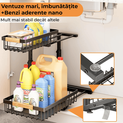 Organizator pentru Dulap Sub Chiuvetă, 2 Nivele, Metalice Culisante, Negru