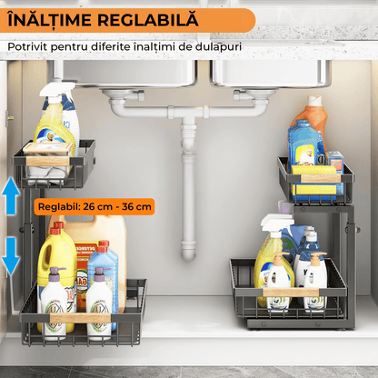 Organizator pentru Dulap Sub Chiuvetă, 2 Nivele, Metalice Culisante, Negru