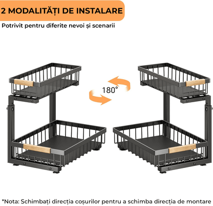 Organizator pentru Dulap Sub Chiuvetă, 2 Nivele, Metalice Culisante, Negru