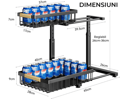 Organizator pentru Dulap Sub Chiuvetă, 2 Nivele, Metalice Culisante, Negru