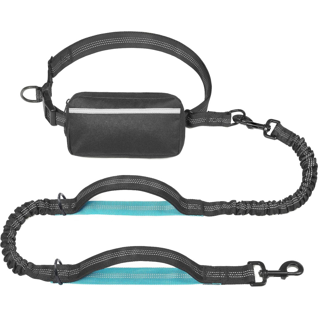 Lesă Hands-Free pentru Câini, cu Borsetă Detasabilă, Mânere Duble Captusite, Elastic Durabil, pentru Câini 11-55 kg, Negru