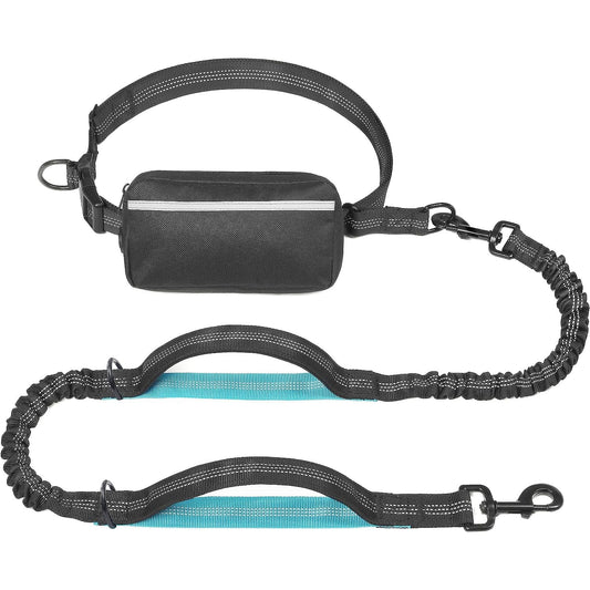 Lesă Hands-Free pentru Câini, cu Borsetă Detasabilă, Mânere Duble Captusite, Elastic Durabil, pentru Câini 11-55 kg, Negru
