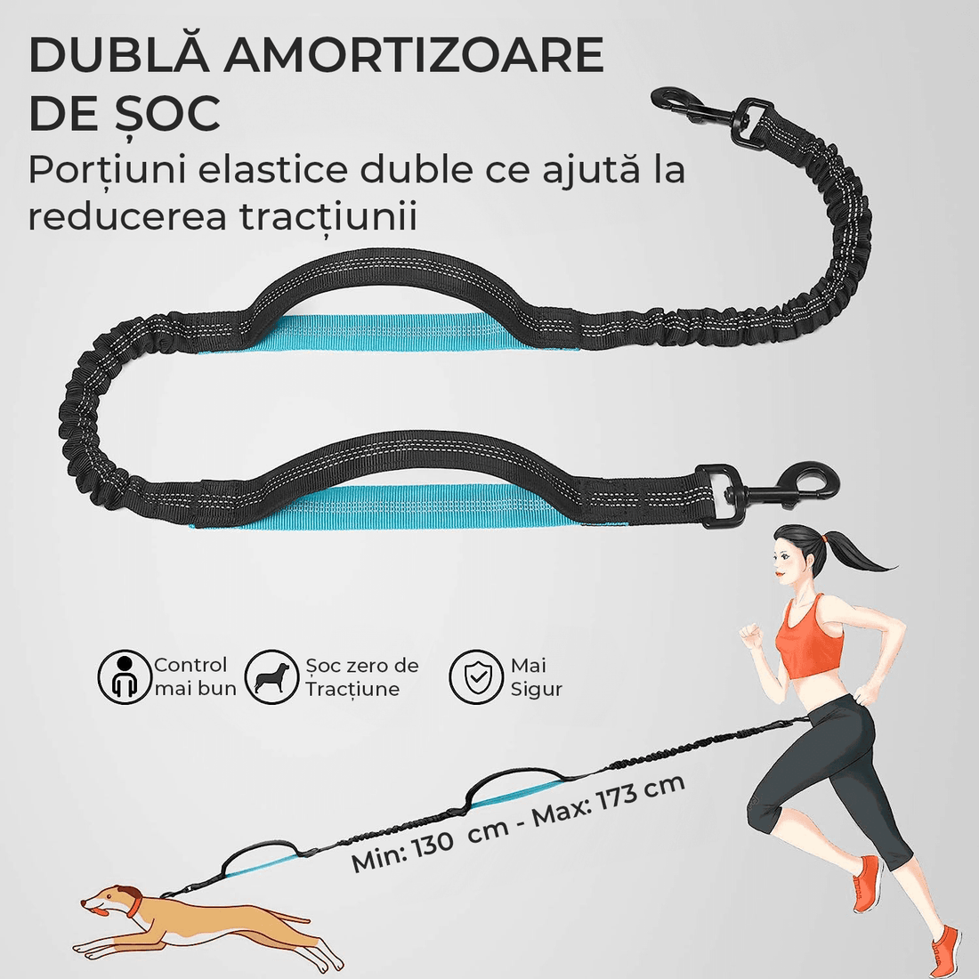 Lesă Hands-Free pentru Câini, cu Borsetă Detasabilă, Mânere Duble Captusite, Elastic Durabil, pentru Câini 11-55 kg, Negru