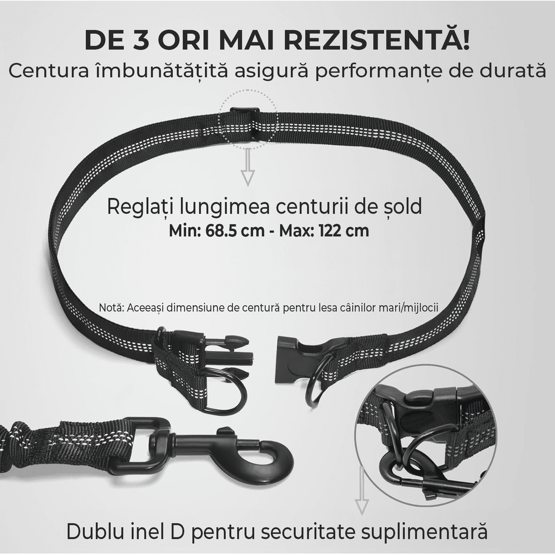 Lesă Hands-Free pentru Câini, cu Borsetă Detasabilă, Mânere Duble Captusite, Elastic Durabil, pentru Câini 11-55 kg, Negru