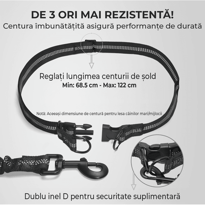 Lesă Hands-Free pentru Câini, cu Borsetă Detasabilă, Mânere Duble Captusite, Elastic Durabil, pentru Câini 11-55 kg, Negru
