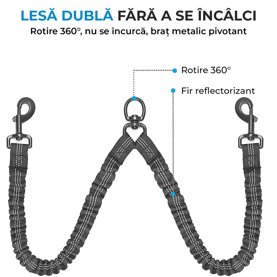 Lesă Dublă pentru Câini, Rotire 360°, Absorbție Șocuri, Pentru 2 Câini, L 11-68kg, Negru