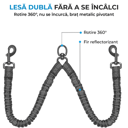 Lesă Dublă pentru Câini, Rotire 360°, Absorbție Șocuri, Pentru 2 Câini, L 11-68kg, Negru