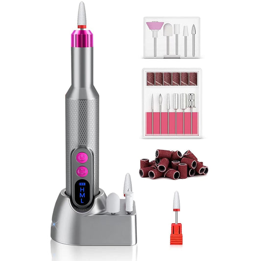 Freză unghii wireless, 18.000 RPM, 3 viteze, LED, 12 capete, gri