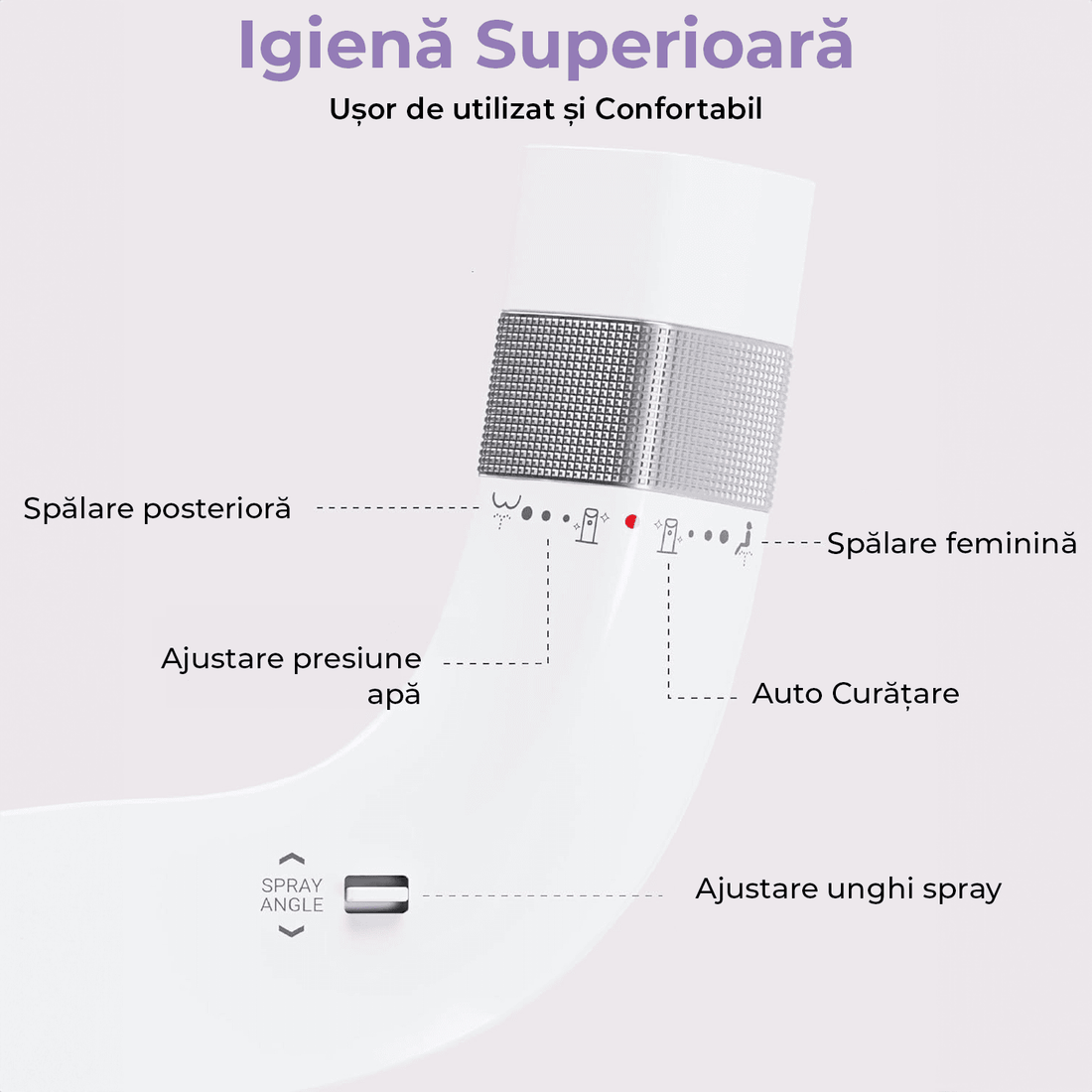 Bideu Ultra-Slim pentru Toaletă cu Auto-Curățare, Control de Presiune și Unghi Reglabil, Duze Duble pentru Igienă Personală, Argintiu