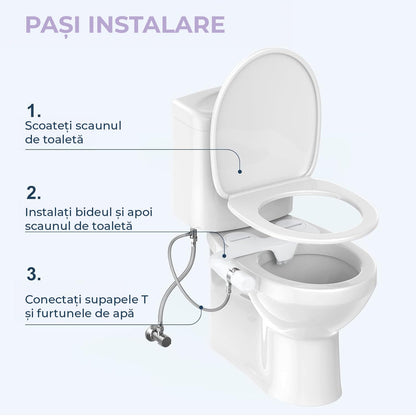 Bideu Ultra-Slim pentru Toaletă cu Auto-Curățare, Control de Presiune și Unghi Reglabil, Duze Duble pentru Igienă Personală, Argintiu