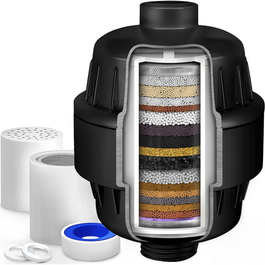 Filtru de Apă pentru Duș, 20 Etape de Filtrare, Debit Ridicat, Elimină Impuritățile, Metale și Clor, 2 Cartușe Incluse, Negru