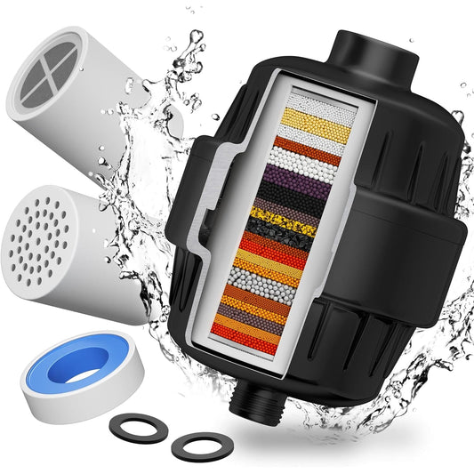 Filtru de Apă pentru Duș, 20 Etape de Filtrare, Debit Ridicat, Elimină Impuritățile, Metale și Clor, 2 Cartușe Incluse, Negru