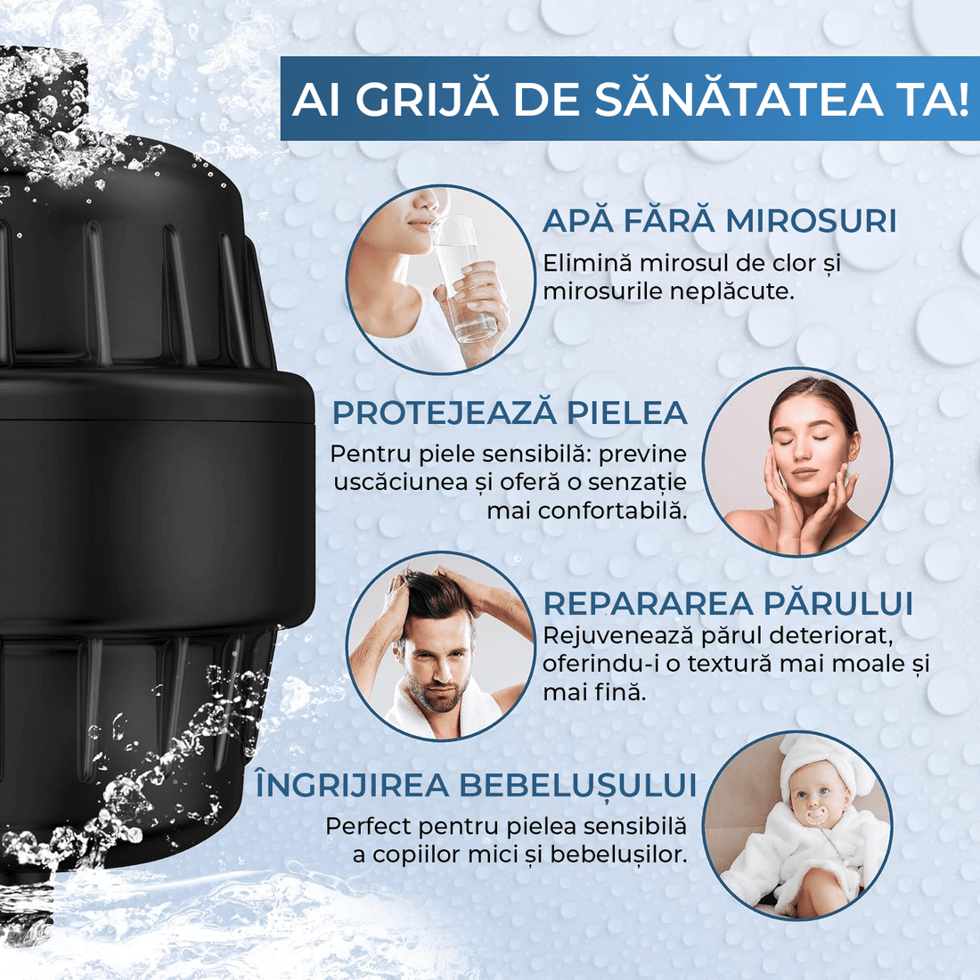 Filtru de Apă pentru Duș, 20 Etape de Filtrare, Debit Ridicat, Elimină Impuritățile, Metale și Clor, 2 Cartușe Incluse, Negru