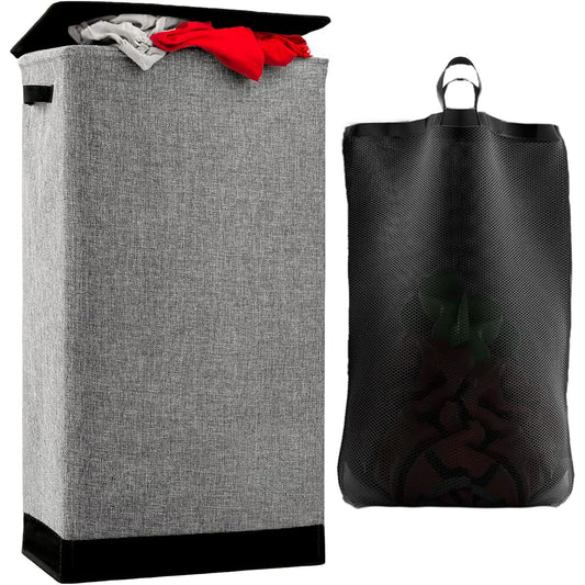 Coș de Rufe Pliabil cu Capac și Sac Detasabil, 100 L, cu Mânere, 76 x 41.5 x 31.5 cm, Material Textil, Gri