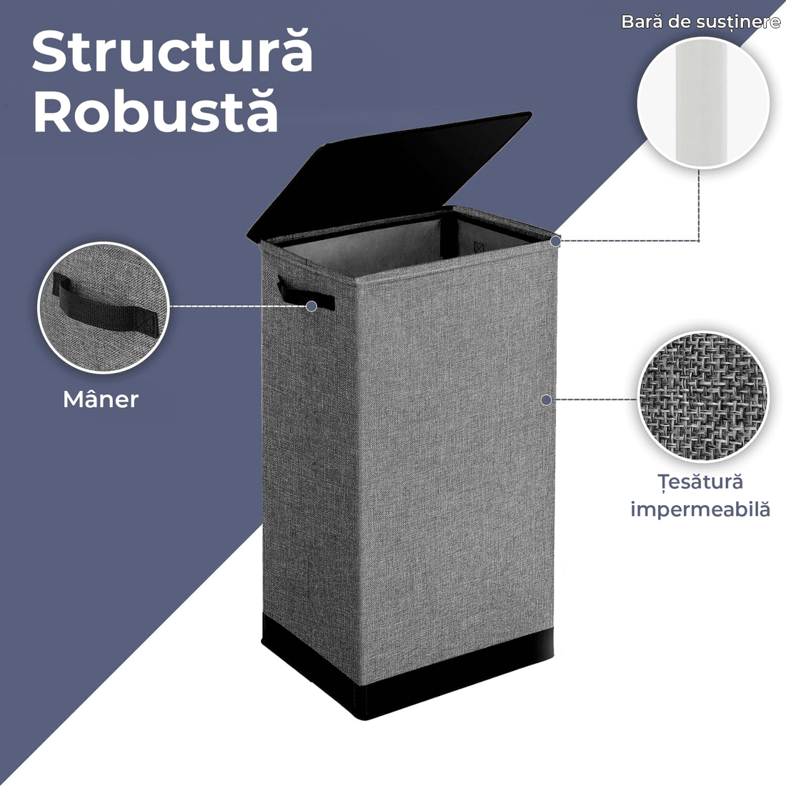Coș de Rufe Pliabil cu Capac și Sac Detasabil, 100 L, cu Mânere, 76 x 41.5 x 31.5 cm, Material Textil, Gri