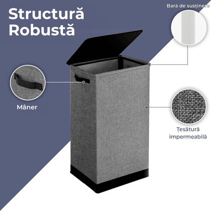 Coș de Rufe Pliabil cu Capac și Sac Detasabil, 100 L, cu Mânere, 76 x 41.5 x 31.5 cm, Material Textil, Gri