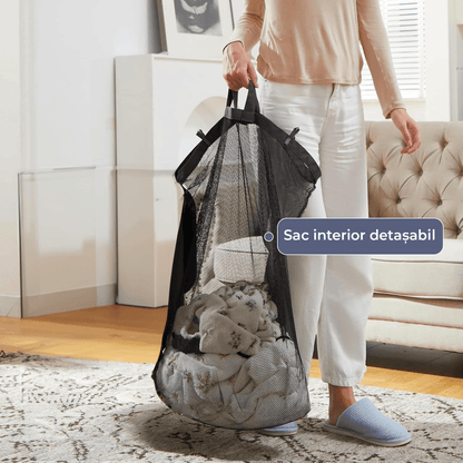 Coș de Rufe Pliabil cu Capac și Sac Detasabil, 100 L, cu Mânere, 76 x 41.5 x 31.5 cm, Material Textil, Gri