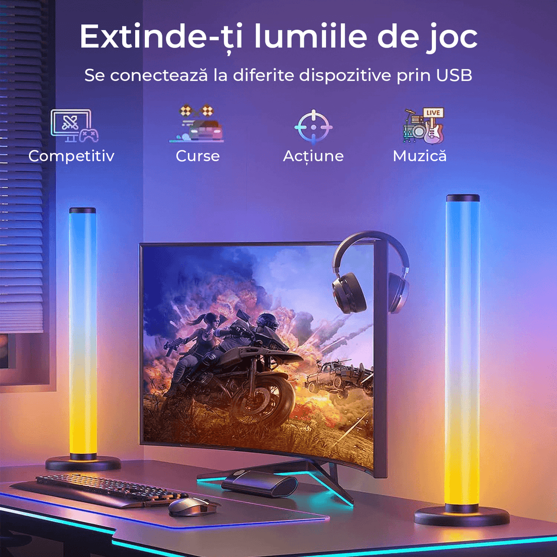 Bare Luminoase Inteligente LED RGB Elindor® 360°, Lumina Ambientală, Control prin Telecomandă și Aplicație Bluetooth, Jocuri de Lumini, Sincronizare cu Sunetele, Multicolore