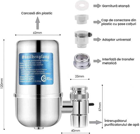 Filtru Apă Potabilă Elindor®, Montare pe Robinet, Carbon Activ, Înlătură Impuritățile și Metalele Grele, 8 Straturi, Argintiu