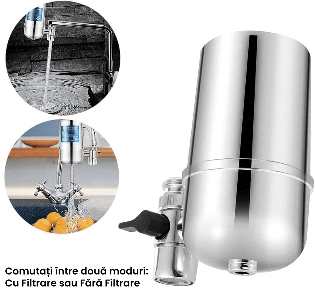 Filtru Apă Potabilă Elindor®, Montare pe Robinet, Carbon Activ, Înlătură Impuritățile și Metalele Grele, 8 Straturi, Argintiu