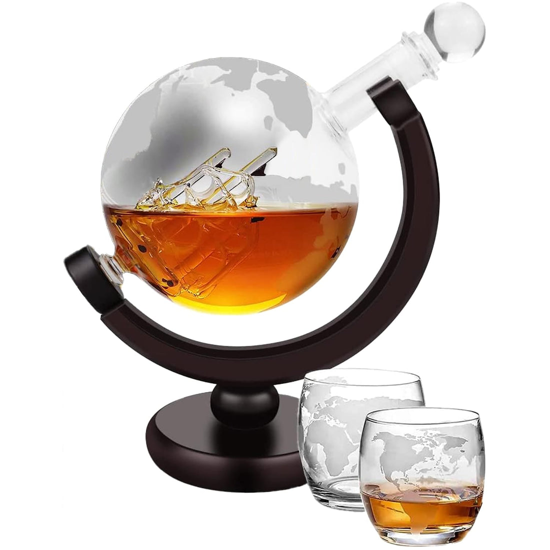 Set Decantor Glob Pământesc pentru Whiskey cu 2 Pahare Gravare, Stativ din Lemn, Transparent