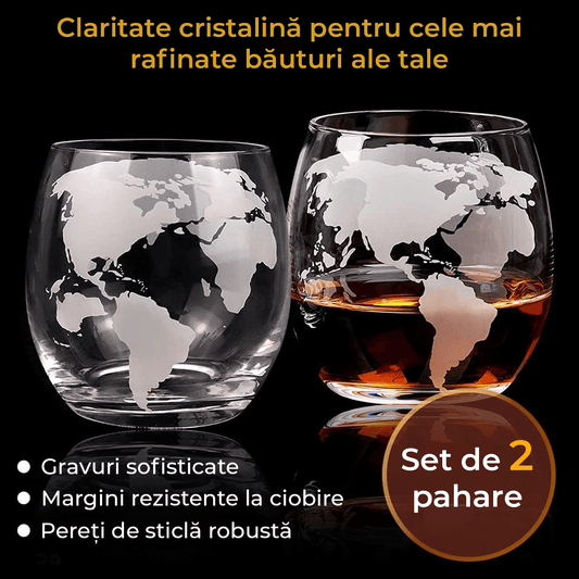 Set Decantor Glob Pământesc pentru Whiskey cu 2 Pahare Gravare, Stativ din Lemn, Transparent