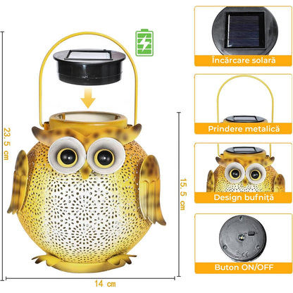 Lampa Solară Suspendată Bufniță, Metalică, IP44, 600mAh, Automată, Galben