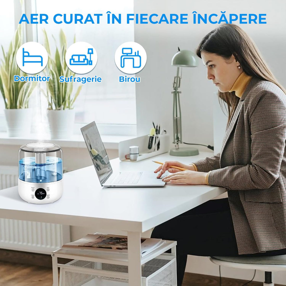 Umidificator cu Difuzor Aromaterapie și LED-uri, Rezervor 3L, 280 ml/h, 3 Moduri, Oprire Automată, Alb