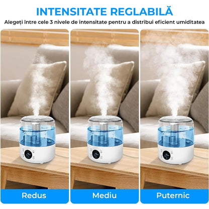 Umidificator cu Difuzor Aromaterapie și LED-uri, Rezervor 3L, 280 ml/h, 3 Moduri, Oprire Automată, Alb