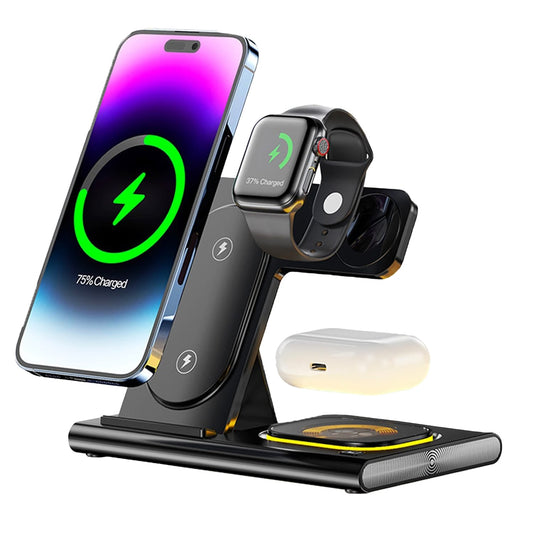 Încărcător Wireless 3 în 1, Fast Charger 15W, Compatibil iPhone, AirPods, Apple Watch, Android, Samsung, Huawei, Xiaomi, Negru Mat