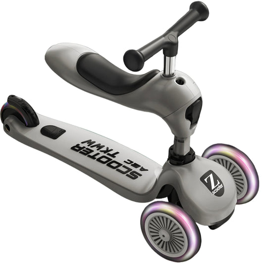 Trotinetă Copii 2 în 1 cu Șezut, Roți Luminoase, 5+ Ani, 52 kg, Gri
