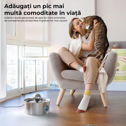 Fantana Apa Pisici si Caini Elindor®, Dispenser Automat cu Capac pentru Animale, Duza Rotunda, Silentios 25dB, Adapator Dubla Circulatie, Sistem Purificare si Filtrare Multiplu, Adaptor Priza, Capacitate 3,2L, Filtru si Pompa Incluse, Inox 304, Argintiu