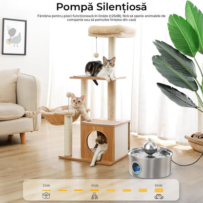 Fantana Apa Pisici si Caini Elindor®, Dispenser Automat cu Capac pentru Animale, Duza Rotunda, Silentios 25dB, Adapator Dubla Circulatie, Sistem Purificare si Filtrare Multiplu, Adaptor Priza, Capacitate 3,2L, Filtru si Pompa Incluse, Inox 304, Argintiu