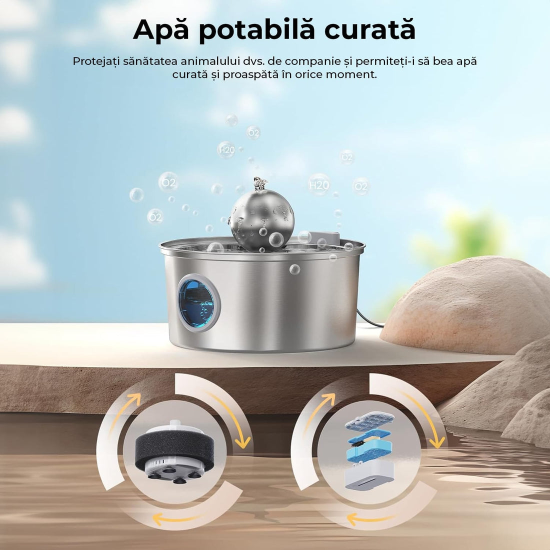 Fantana Apa Pisici si Caini Elindor®, Dispenser Automat cu Capac pentru Animale, Duza Rotunda, Silentios 25dB, Adapator Dubla Circulatie, Sistem Purificare si Filtrare Multiplu, Adaptor Priza, Capacitate 3,2L, Filtru si Pompa Incluse, Inox 304, Argintiu